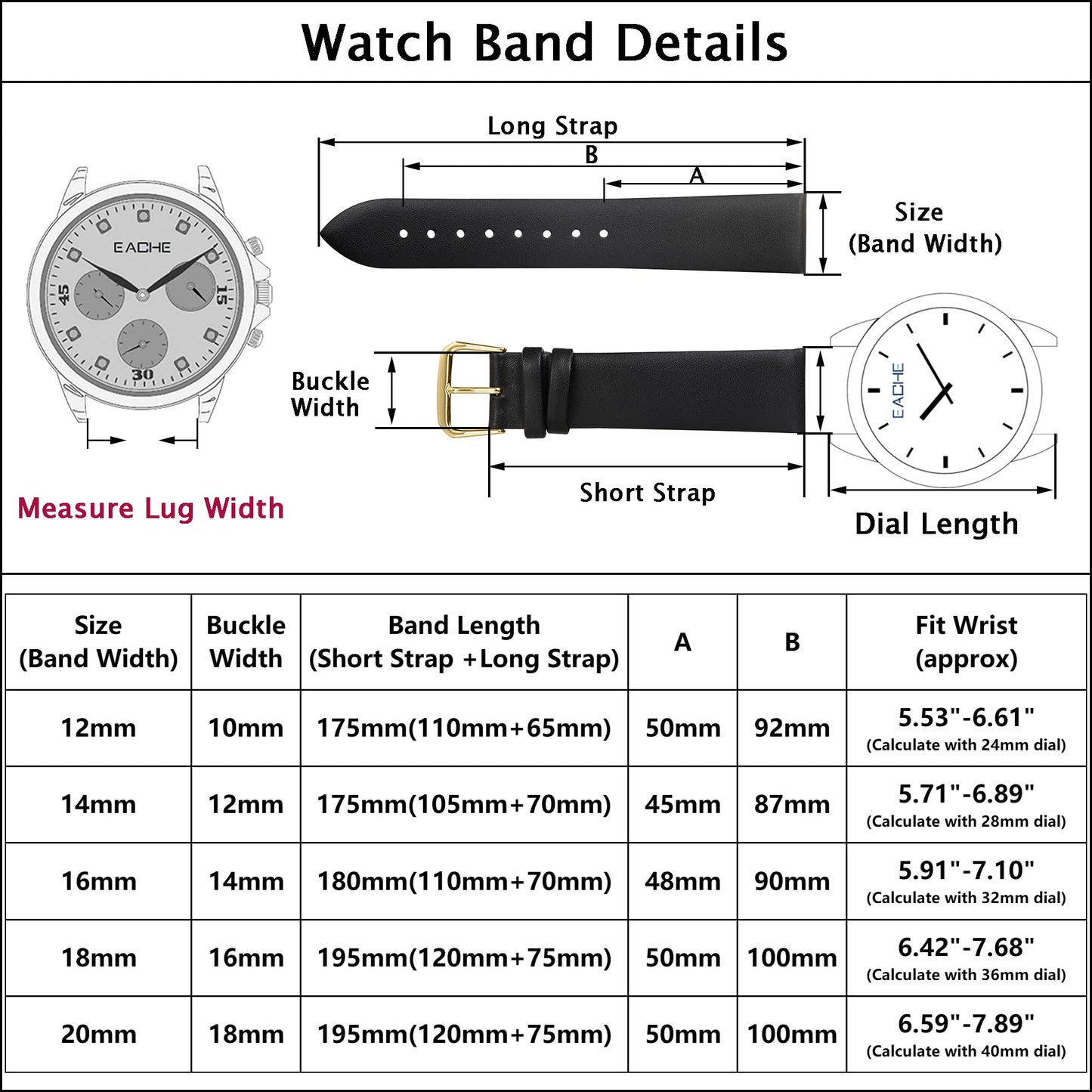 EACHE 12mm Leather Watch Bands, Ladies Leather Watch Straps for Women,12mm Watch Bands for Women