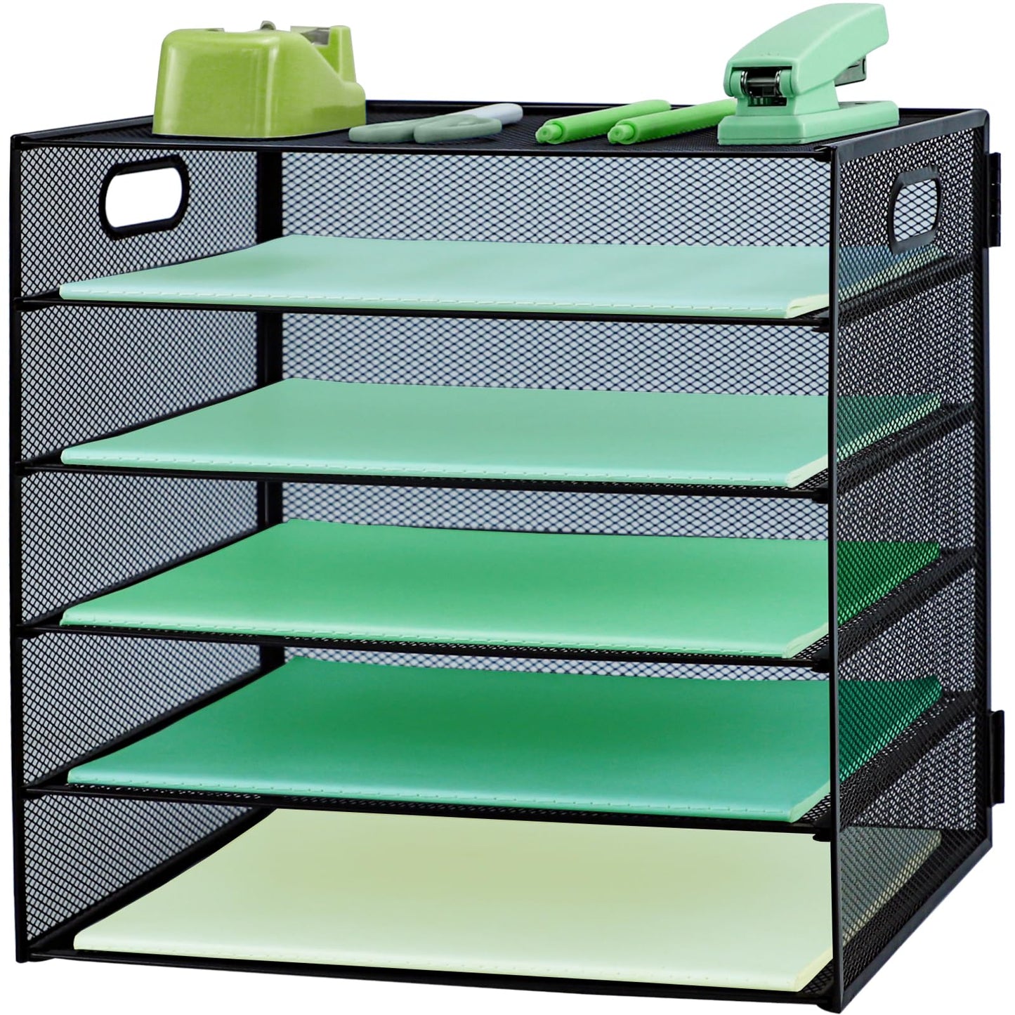 IOUGDSEC Paper Letter Tray with Handle, 5 Tier Metal Mesh Desk File Organizer, A4 Paper Desktop Filing Trays, Desk Tidy Magazine Document Holder for Home Office, Black