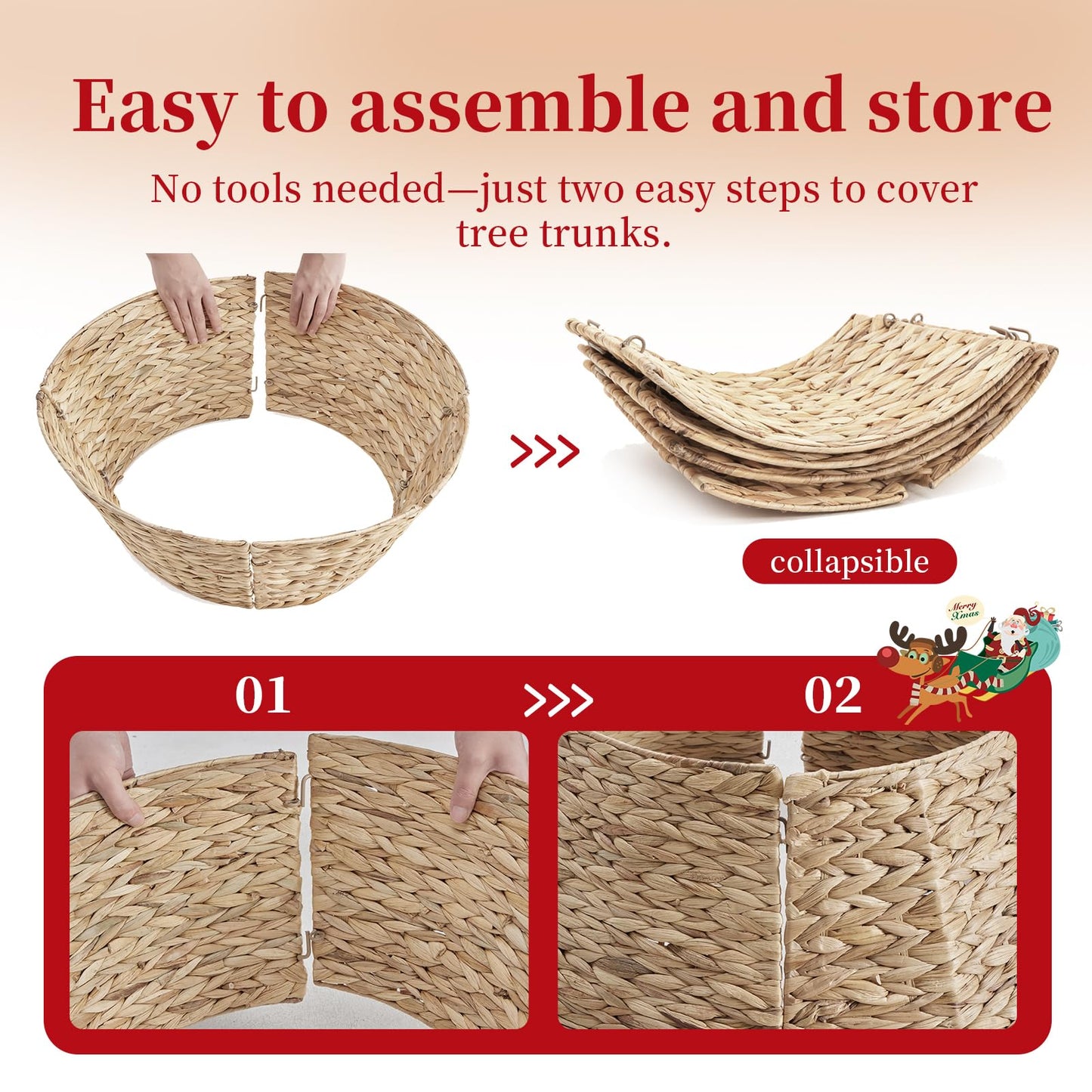 DUMOS 24in Christmas Tree Collar for 4-7ft Trees, Handcrafted Woven Hyacinth Rattan 4-Panel w/Cord Access Hole & Easy Lock Design, Holiday Decor, Natural