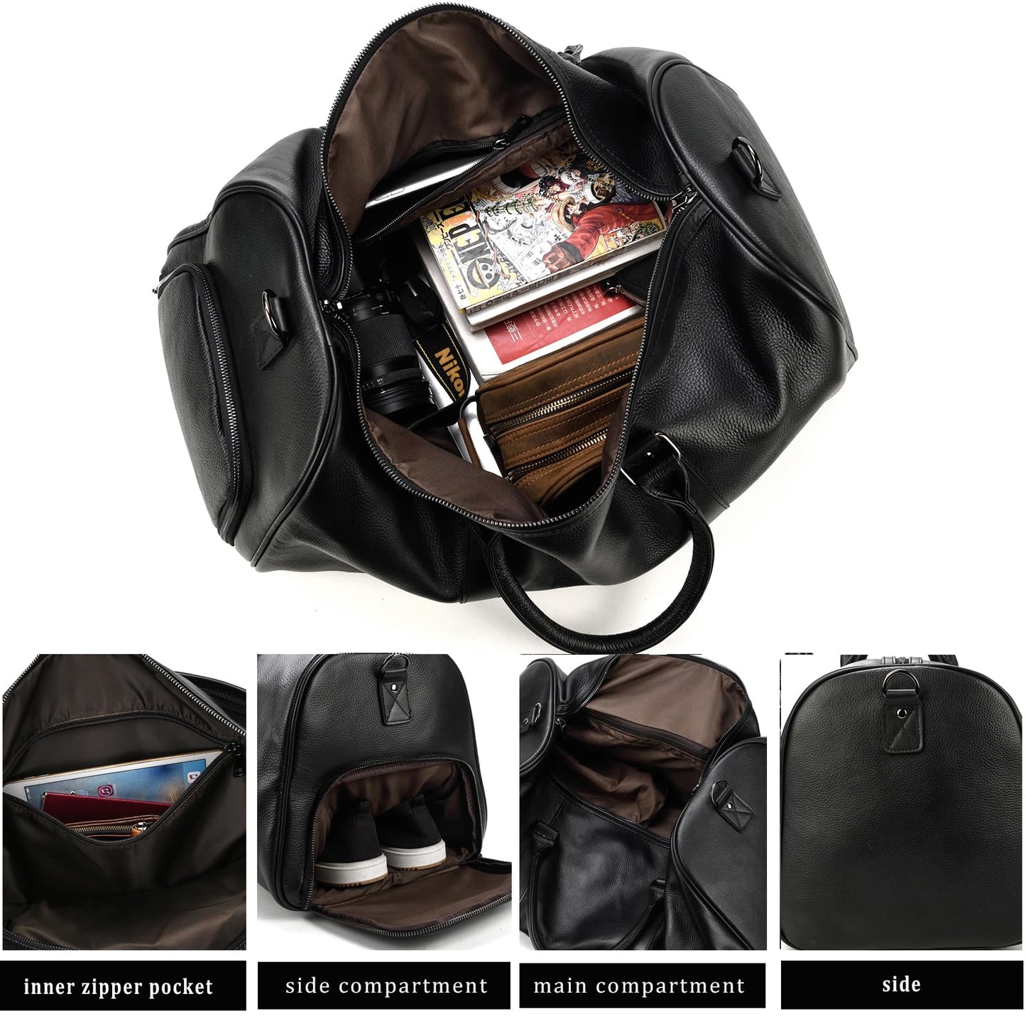 Leather Travel Duffle Bag with Shoe Pouch, Cabin Friendly Weekender Overnight Bags, Carry On Sports Gym Bag for Men Women