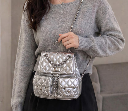 COC.EFRENAR Quilted Mini Backpack for Women, Chain Strap Small Purse with Flap Closure, Fashion Shoulder Bag Cute Travel Daypack(Silver)