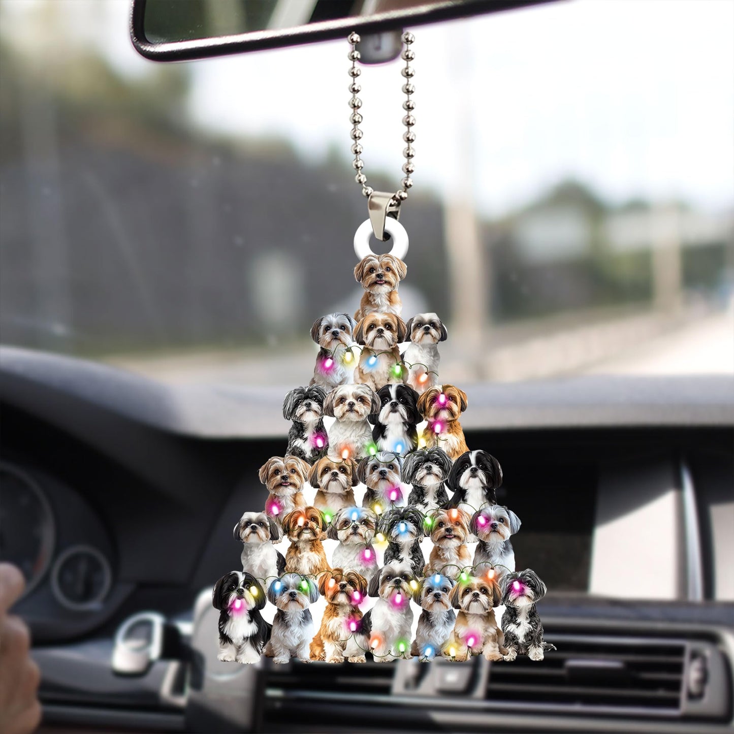 Talataca Lovely Shih Tzu Christmas Pine Tree Shape with String Light 2D Flat Car Rear View Mirror Accessories Christmas Tree Ornament Decoration Hanging Charm Interior Rearview Pendant Decor Gift