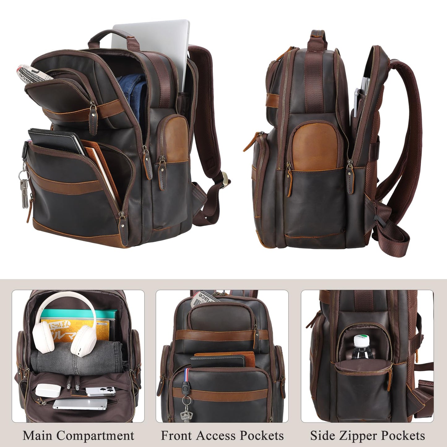 TIDING Leather Backpack 15.6 inch Laptop Backpack Vintage Business Travel Bag Large Capacity Daypacks