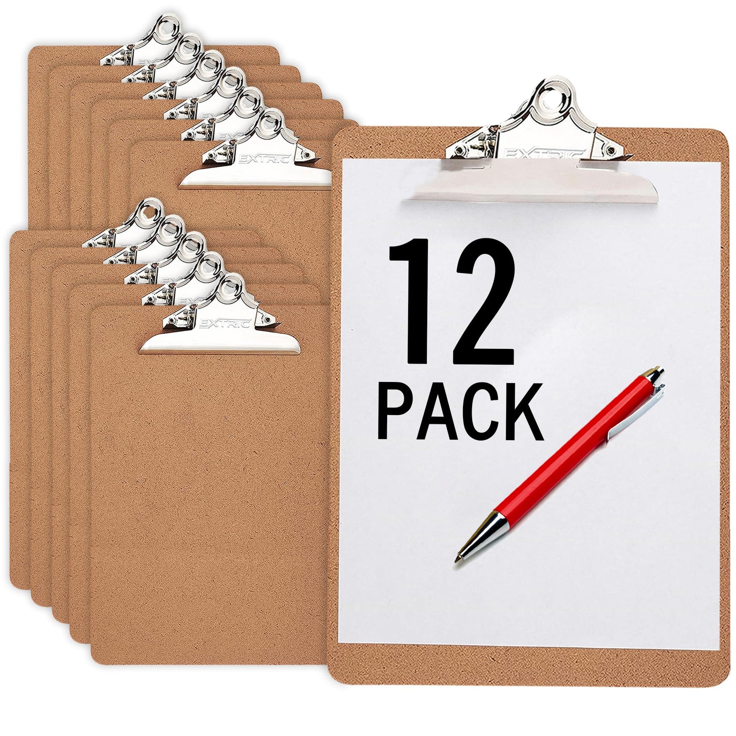 12 Clipboards, Standard A4 Letter Size Clipboard with 6" Metal Clip, 9" x 12.5", Fits 8.5x11 Inch Paper, Hardboard, Bulk Pack, Ideal for Schools and Office