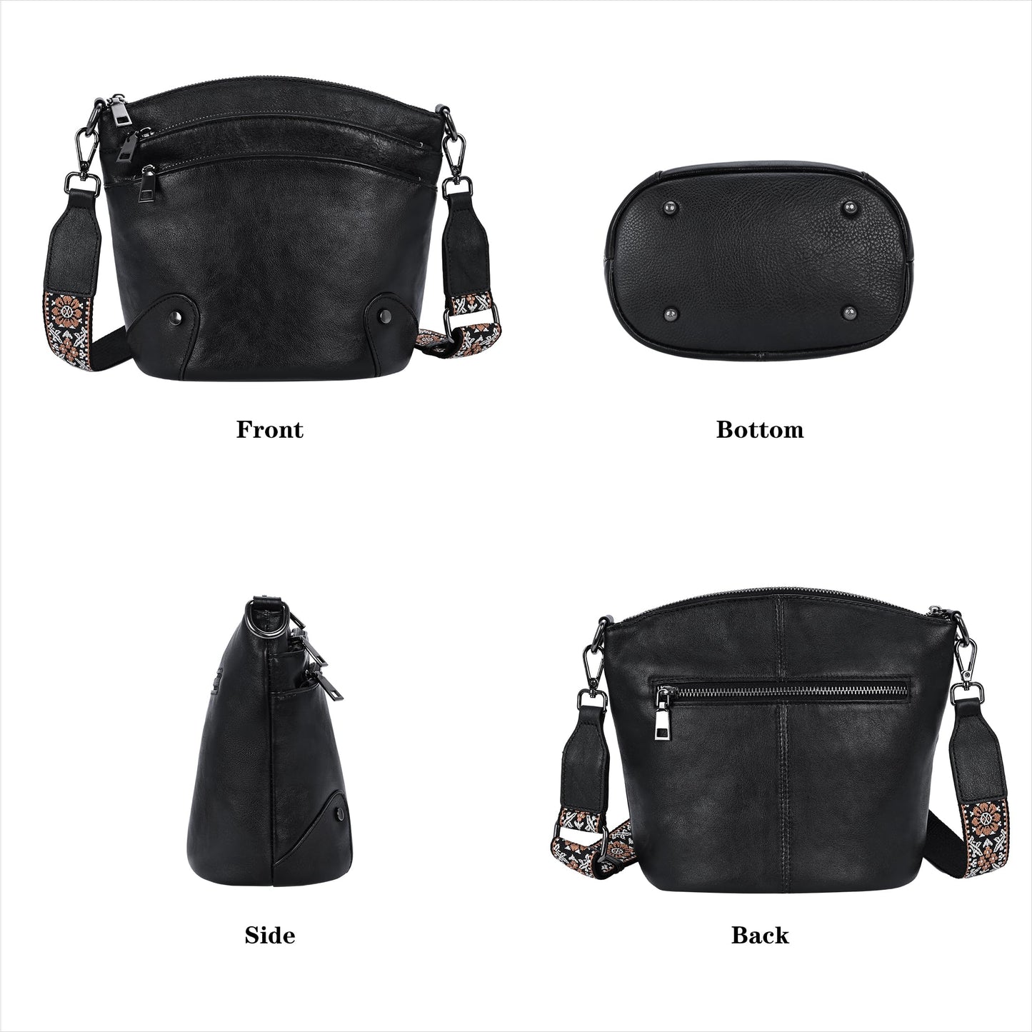 HESHE Crossbody Bags Leather Purses for Women Vintage Shoulder Handbags with Multi Pockets Cross Body Purses for Travel (Black)