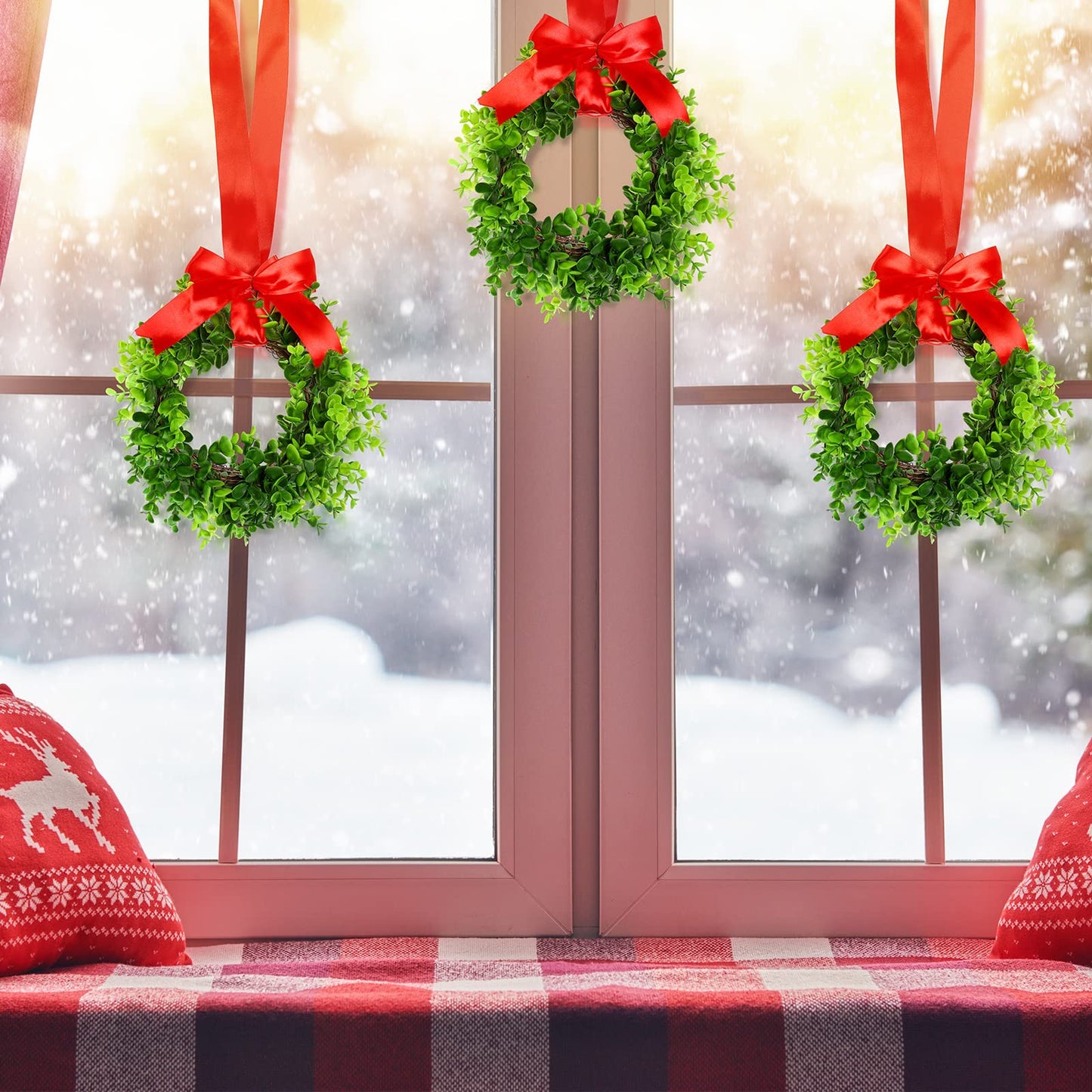 Canlierr 6 Pcs 8 Inch Christmas Kitchen Cabinet Wreaths with 31.5inch Ribbon Small Mini Christmas Wreath for Window Door Chair Wall Xmas Decoration(Fresh)