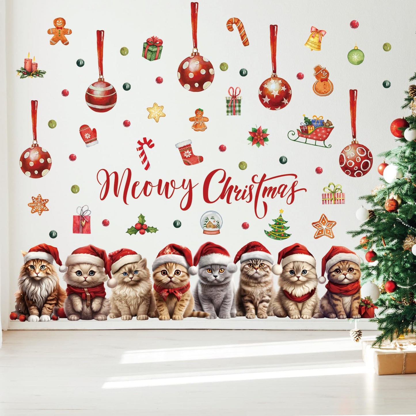 Christmas Cat Wall Decal Merry Christmas Wall Sticker Removable Christmas Cat Wall Decals Decor for Winter Christmas Holiday Party Supplies Home Window Decor