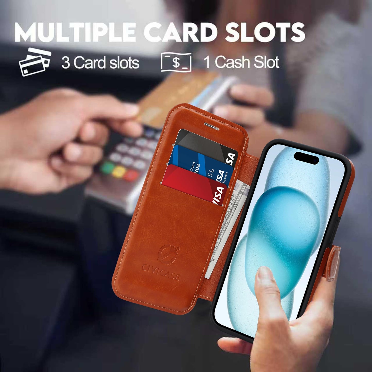 CIVICASE for iPhone 15 Pro Max Wallet Case with Stand,PU Leather Flip Credit Card Holder Slots (RFID Blocking),Compatible with Magsafe Magnetic Holder Phone Cover Women Men,Brown