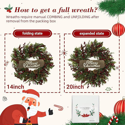 YNYLCHMX 20 Inch Winter Wreath for Front Door, Winter Wreath with Welcome Sign Pine Needle Pine Cone Red Berry, Artificial Door Wreaths for Window Farmhouse Holiday Party Decoration