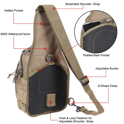 Qcute Tactical Backpack, Waterproof Military Cross-body Molle Sling Shoulder Backpack Chest Bag for Outdoor Every Day Carry (khaki)