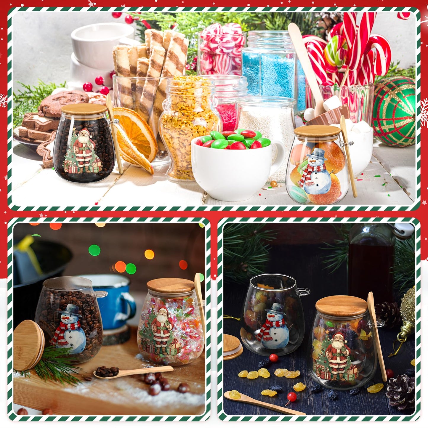 Pickmesh 2 Sets 34 oz Christmas Glass Storage Jars with Airtight Bamboo Lid and Spoon Christmas Decorative Container Xmas Canister for Kitchen Countertop Decoration Cookies Snacks Candy(Santa)