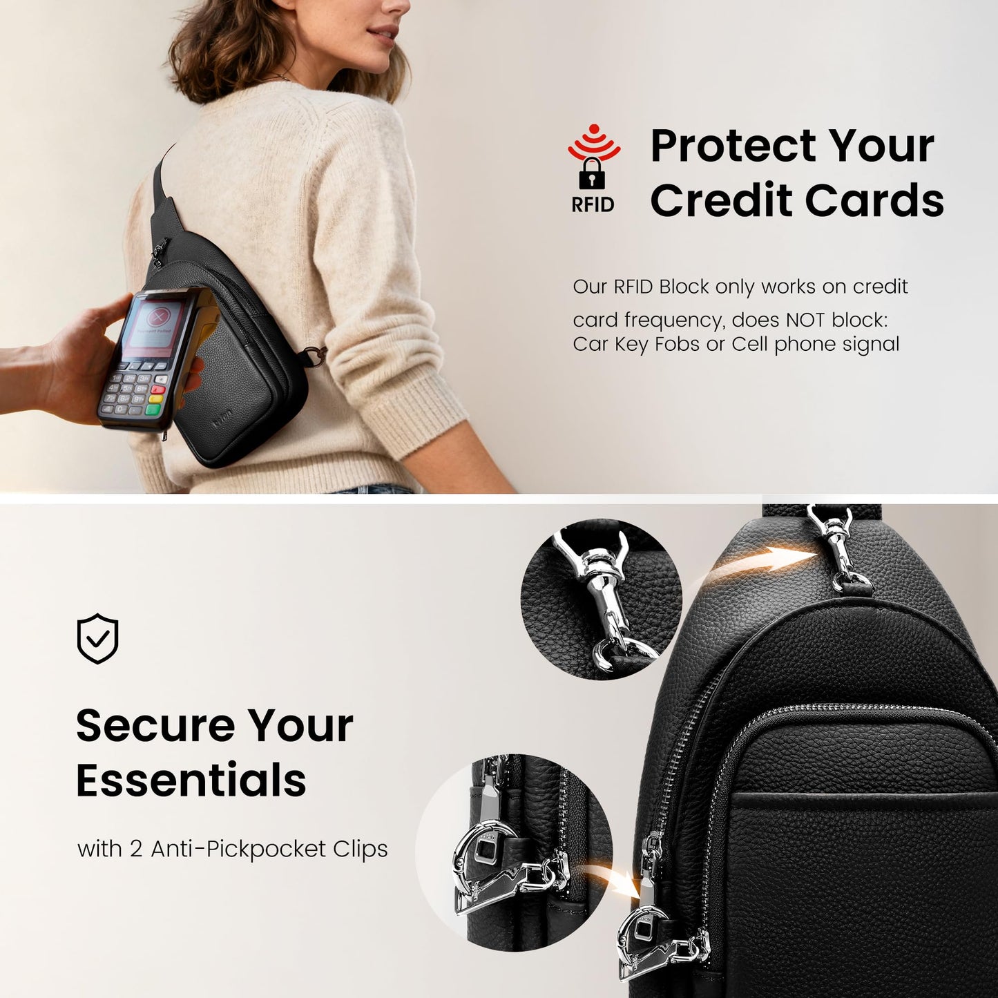 befen Black Genuine Leather Small Sling Bag for Women Anti-Theft Crossbody Chest Bags Multi-Pockets Fanny Pack with RFID Card Slots for Travel