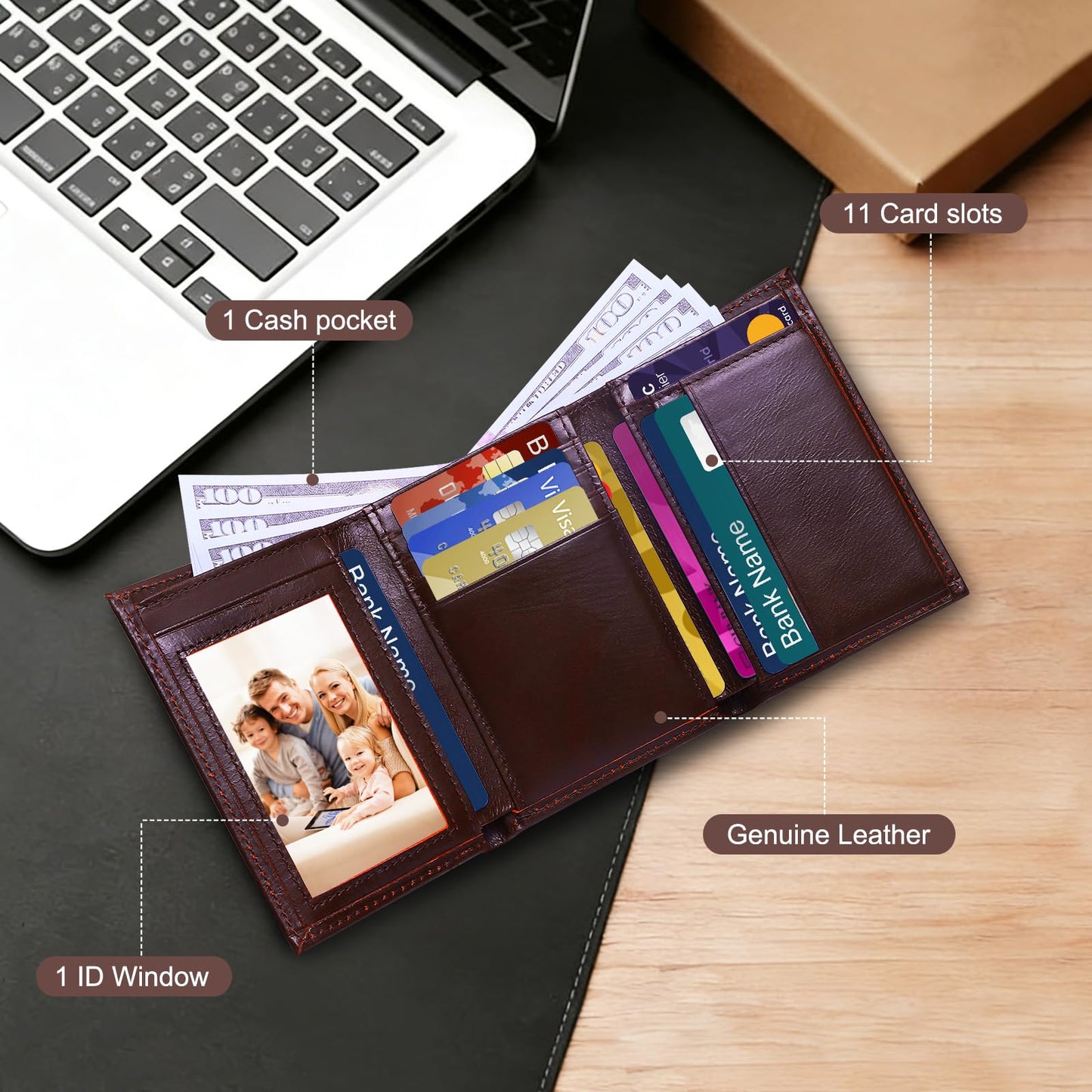 WULOUJIE Men's Trifold Leather Wallet, RFID Blocking Genuine Leather Wallet with 11 Card Slots, Tri Fold Wallet for Men（brown） (brown) (brown)