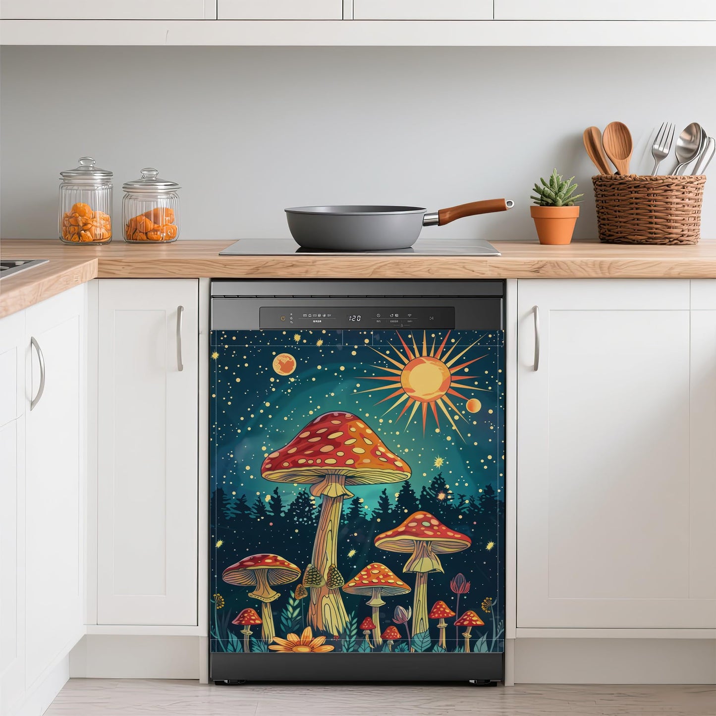 Red Mushroom Dishwasher Covers for The Front Magnetic,Starry Sky Forest Refrigerator Magnets Decoration,Reusable Dishwasher Cover Panel for Home Kitchen Decor 23x26 Inch