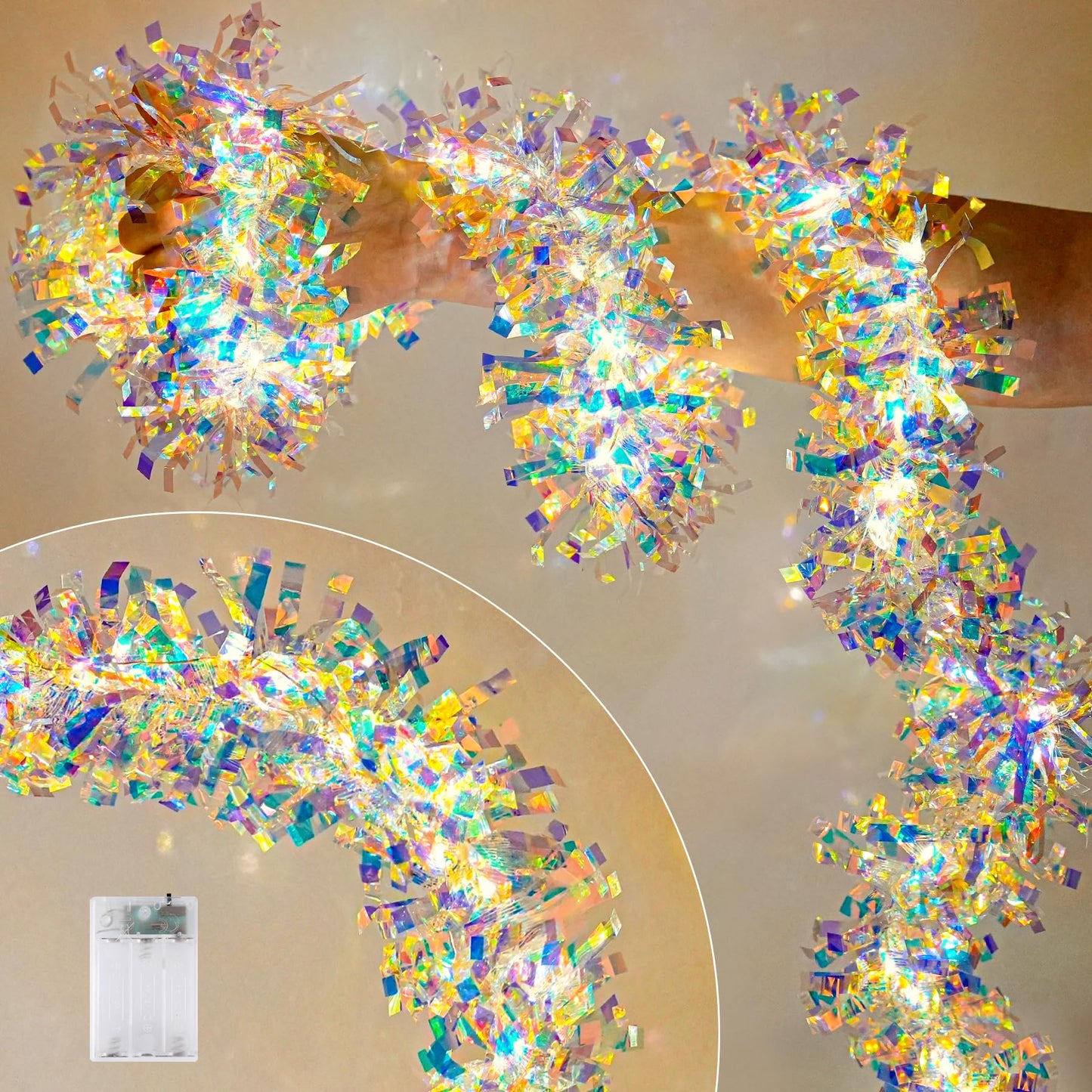 Christmas Garland with Lights, 2 Pack 6.5FT Iridescent Tinsel Garlands Battery Operated, Shiny Streamers Garland New Year Decorations, Garland for Wedding Birthday Holiday New Years Eve Party Supplies