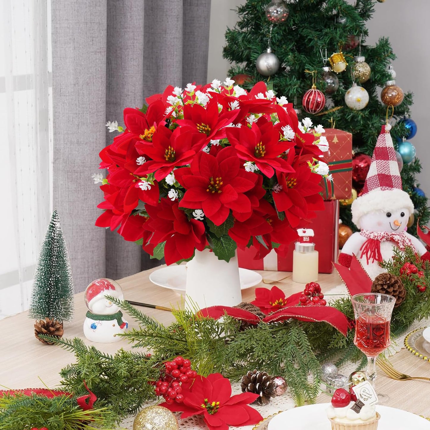 MATBAR Christmas Artificial Flowers for Outdoors Red Poinsettia Flowers Artificial 12 Bundles Mixed UV Resistant Faux Flowers for Outdoor Planters Garden Porch Patio Home Winter Decor