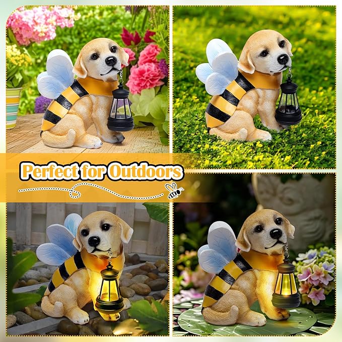 Solar Dog Statues Outdoor Decor, Solar Powered LED Lights Honeybee Puppy Figurines Garden Decorations for Patio Yard Lawn Ornaments Gifts for Dad, Mom or Birthdays