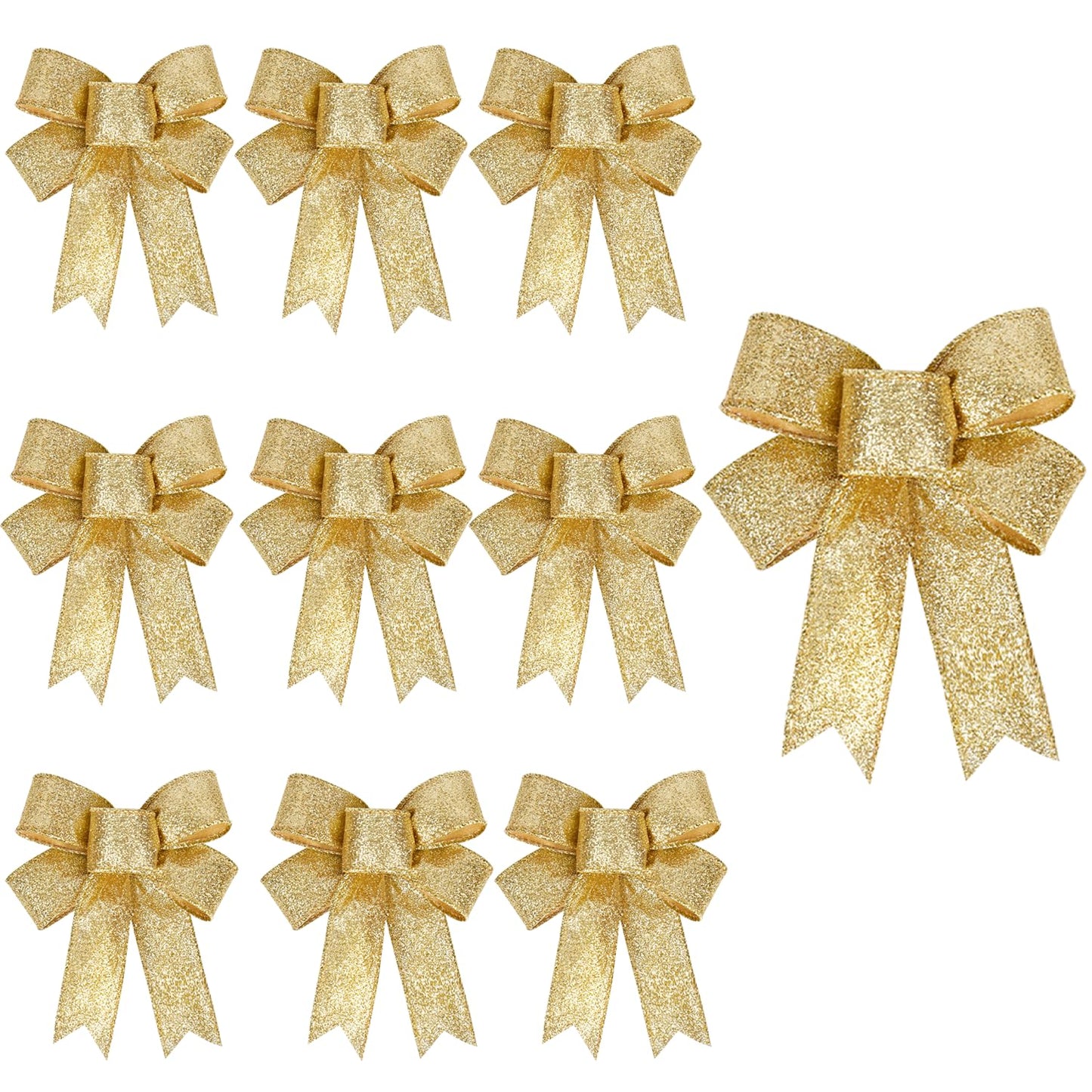 Voeveca 10 Pack 4 inches Shiny Red Christmas Bow Christmas Tree Bows Wreath Decorative Pendant Christmas Decorations Red, Silver, Gold (10, Gold)