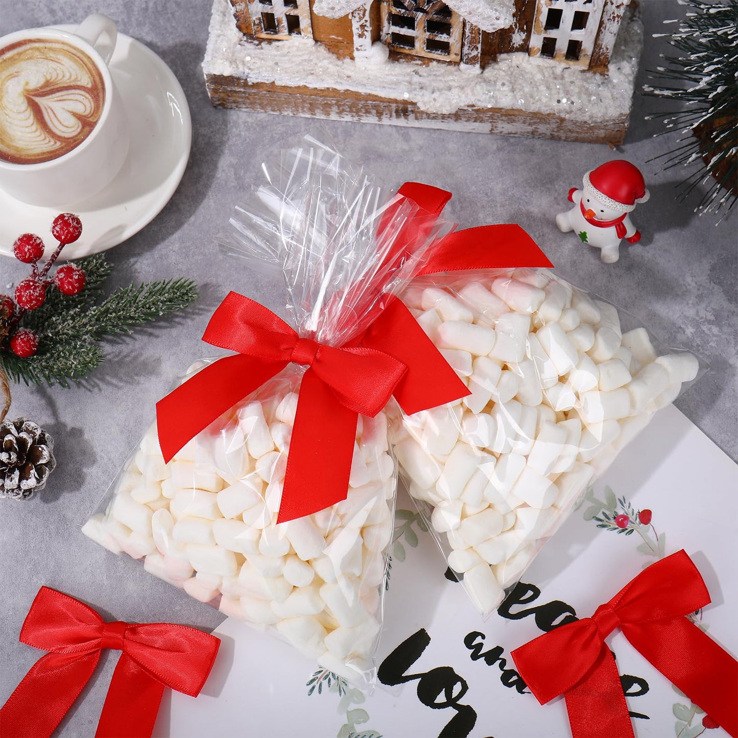 JarThenaAMCS 50Pcs Valentine's Day Clear Cellophane Bag with Red Bow Twist Tie Candy Treat Bags Plastic Goodie Bags for Christmas Xmas Home Party Sweet Snack Cookie Packing