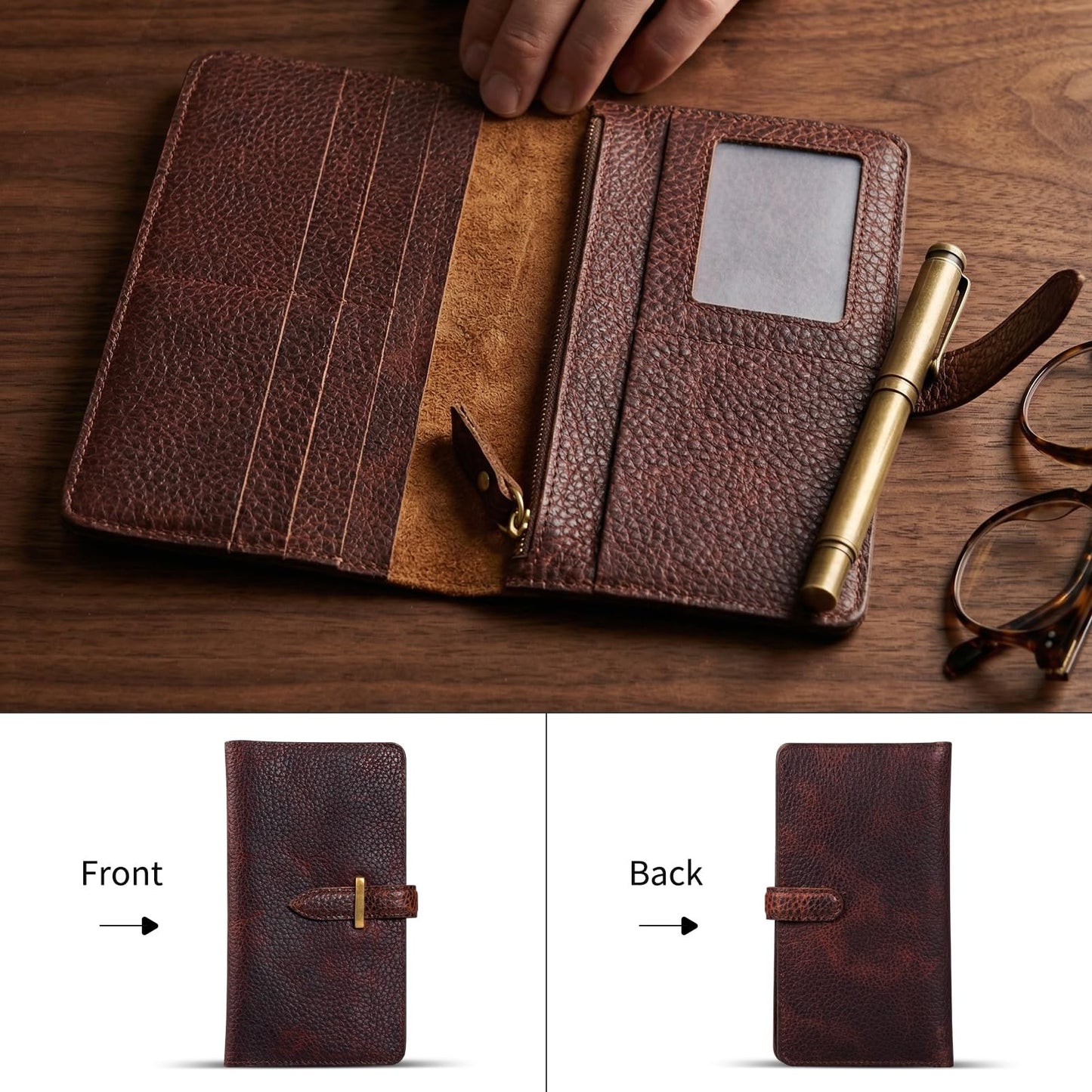 RMAWRAD genuine leather long bi-fold wallet/card holder, unisex, made of full-grain cowhide, with card slots and a coin purse, dark brown.