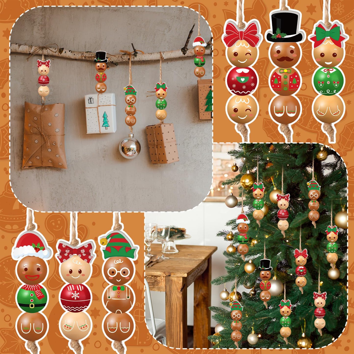 Cinnvoice 240 Pcs Winter Wood Beads with Twine Snowman Gingerbread Man Nutcracker Wooden Bead Garland DIY Crafts Round Beads for Holiday Party Farmhouse Home(Gingerbread Man)