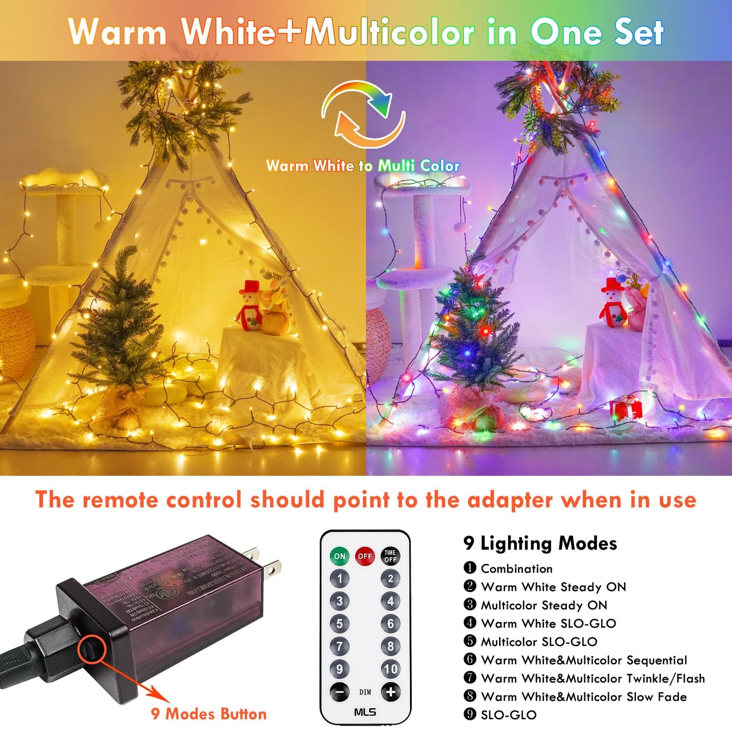 82FT 200 LED Color Changing Christmas String Lights with Remote & Timer & Memory Function, 8 Lighting Modes Waterproof Fairy String Lights for Xmas Tree Holiday Party Garden (Warm White & Multicolor)