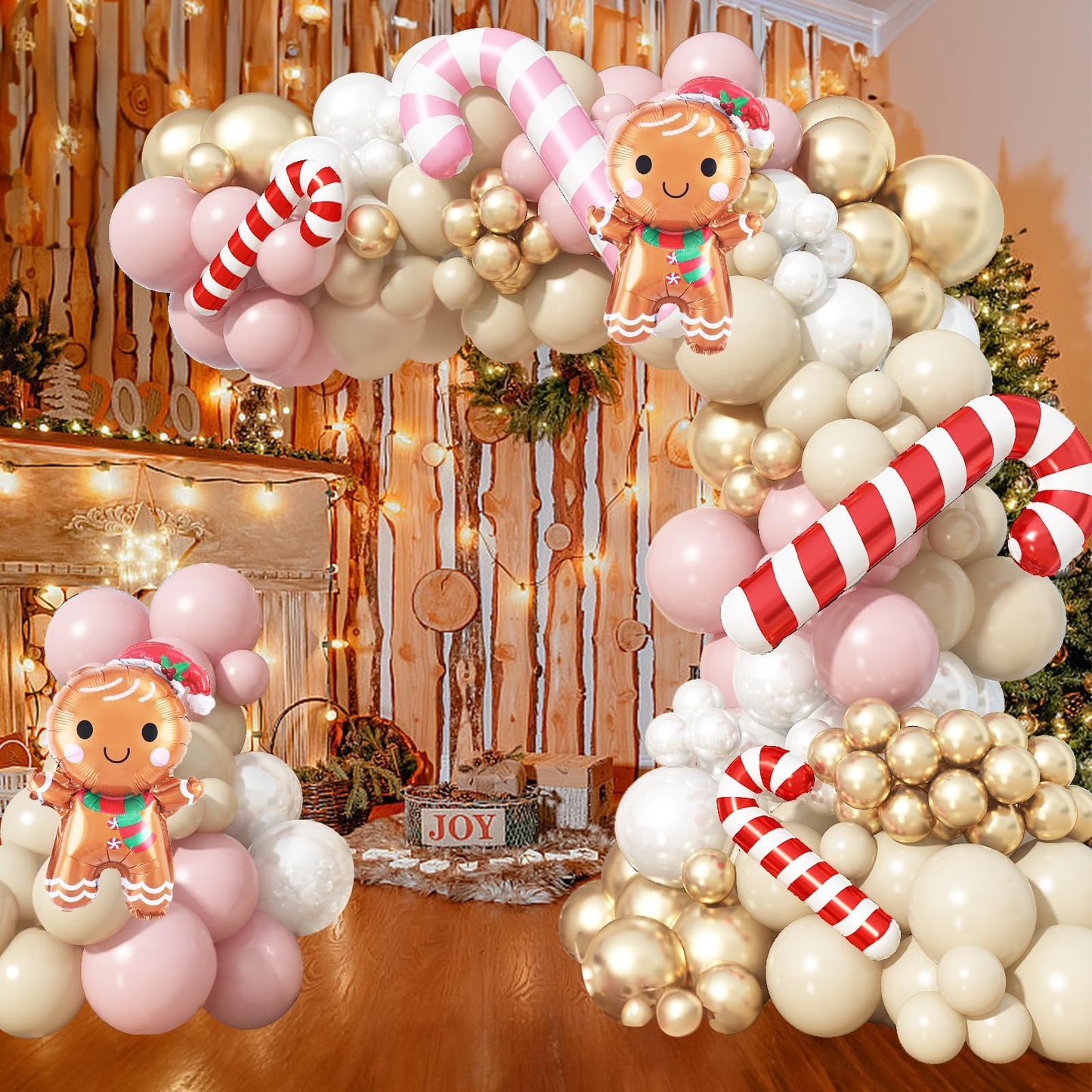 138PCS Pastel Pink Beige Christmas Balloon Arch Kit, Dusty Baby Pink Pearl Ivory White Cream Metallic Gold Balloon Arch Set with Candy Cane Gingerbread Foil Balloos for New Year Xmas Party Decorations