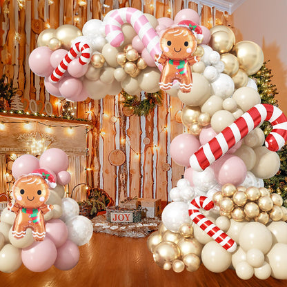 138PCS Pastel Pink Beige Christmas Balloon Arch Kit, Dusty Baby Pink Pearl Ivory White Cream Metallic Gold Balloon Arch Set with Candy Cane Gingerbread Foil Balloos for New Year Xmas Party Decorations
