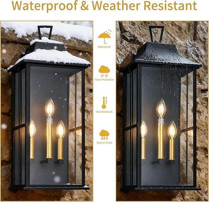 Outdoor Wall Lantern 3-Light, 25 "Large Outside Wall Sconce, Modern Black Wall Light Fixture with Glass, Waterproof Exterior Lamp for House, Porch, Garage,Bulbs Not Included
