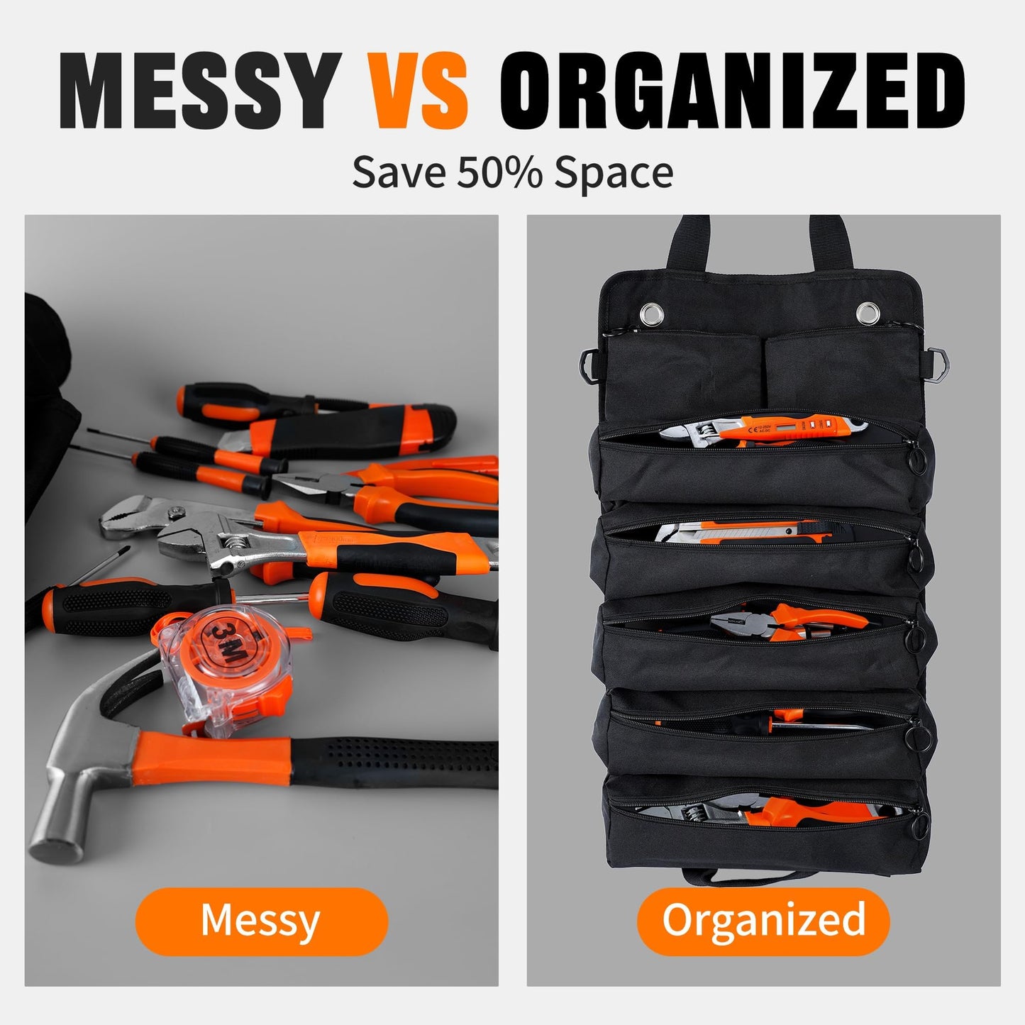 AASTT Portable Foldable Roll Up Tool Bag, Heavy Duty Tool Organizer Bag with 5 Compartments & 2 Detachable Pouches for Tools Storage, Waterproof Tool Roll Bag for Dad Men Electrician Mechanic Gifts