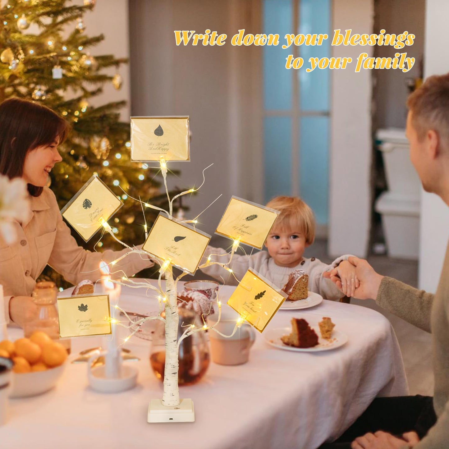 Money Tree Gift Card Holder 24 LED Birch Tree Lamp Battery/USB Powered Light Up White Trees Gift Card Holder with 6 Clips and 6 Greeting Cards for Photo Birthday Christmas Graduation Decor