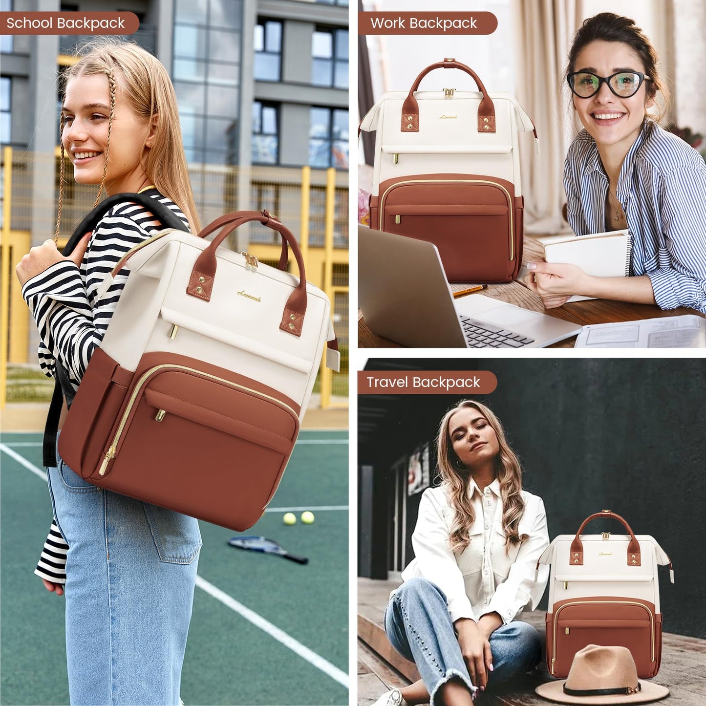 LOVEVOOK Leather Backpack for Women, 15.6 inch Laptop Backpack, Professional Work & Travel Bag, Women's Laptop Tote, Beige White-Brown