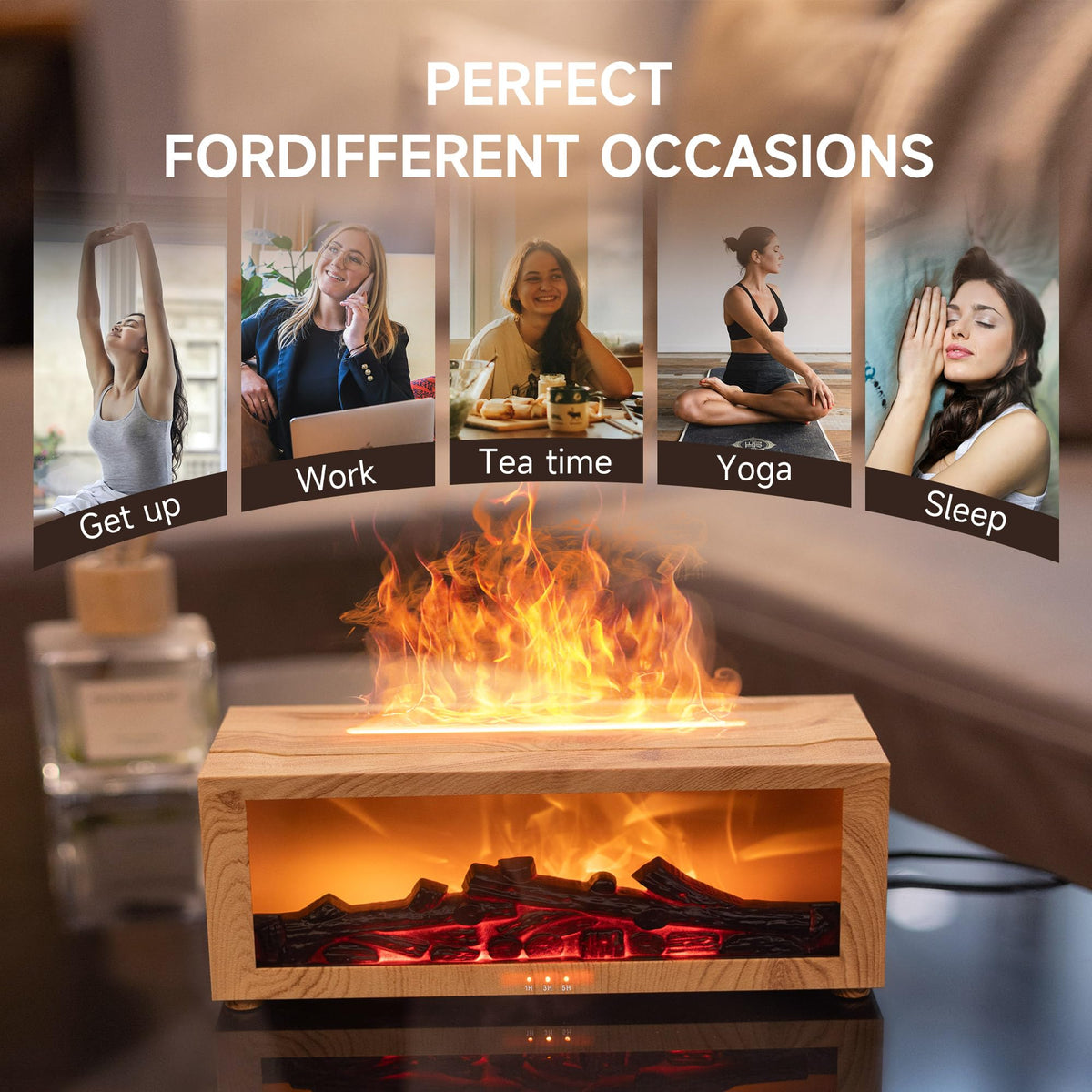 Fireplace Flame Air Diffuser Humidifier,7 Colors Aromatherapy Essential Oil Diffuser,Ultrasonic Aroma Humidifier with Timer for Home,Bedroom,Office,Yoga (BlackB, L)