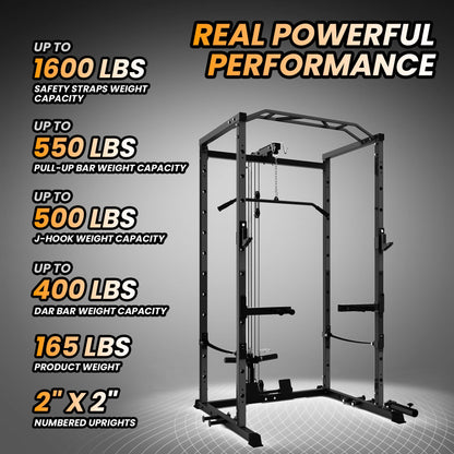 Power Cage with LAT Pulldown Machine - Squat Rack for Home Gym, Multi-Functional Weight Cage with Cable Pulley System, Dip Bars & Landmine Attachment