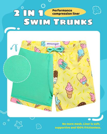 maamgic Boys Swim Trunks with Compression Liner Toddler Stretch Swim Shorts Quick Dry Swimming Trunks Boxer Brief 2 in 1 Beach Shorts Yellow Ice Cream 14/16