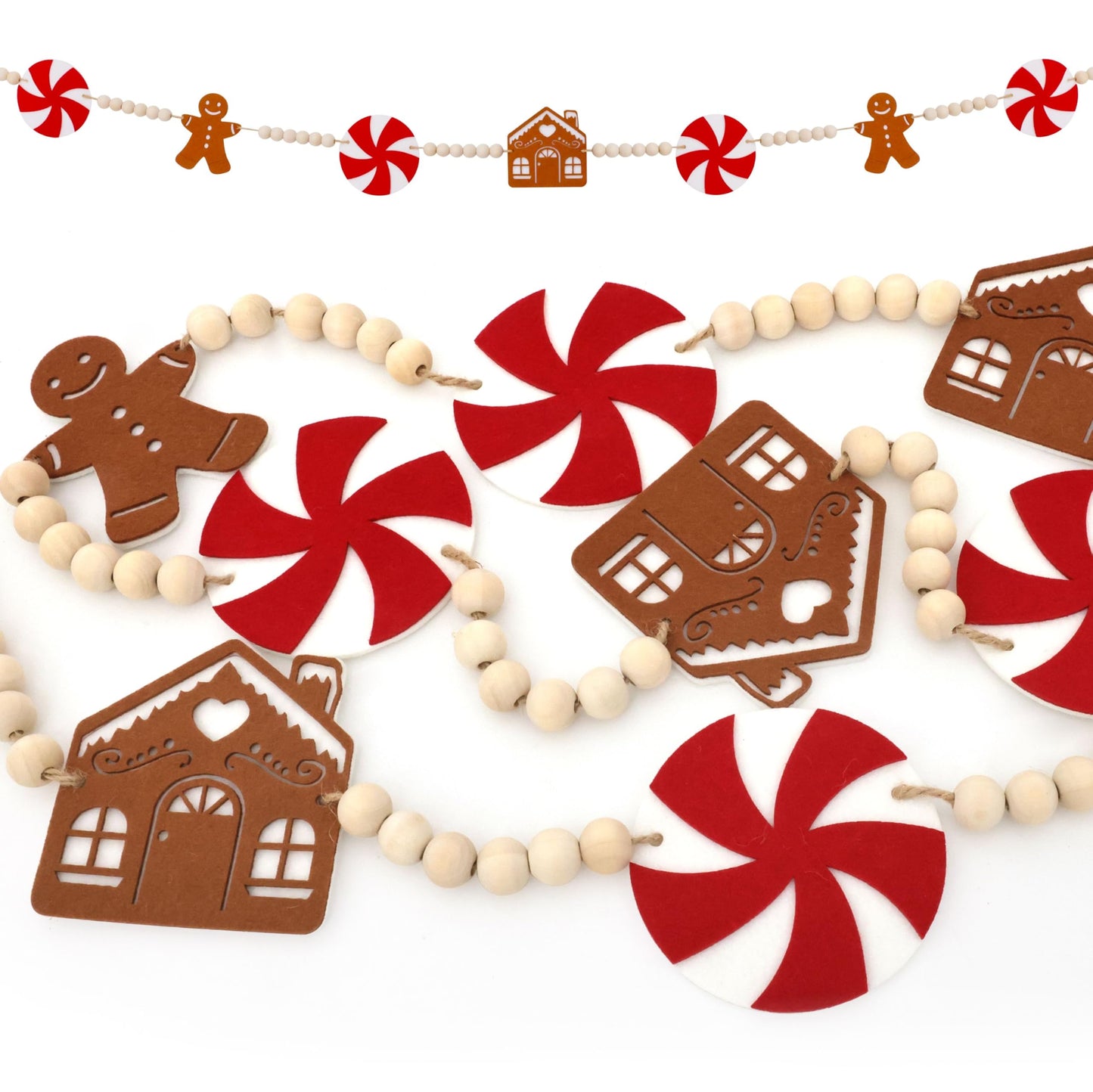5.9FT Gingerbread Garland Christmas Decoration for Mantle, Xmas Gingerbread Man Wood Bead House Decor Indoor Fireplace