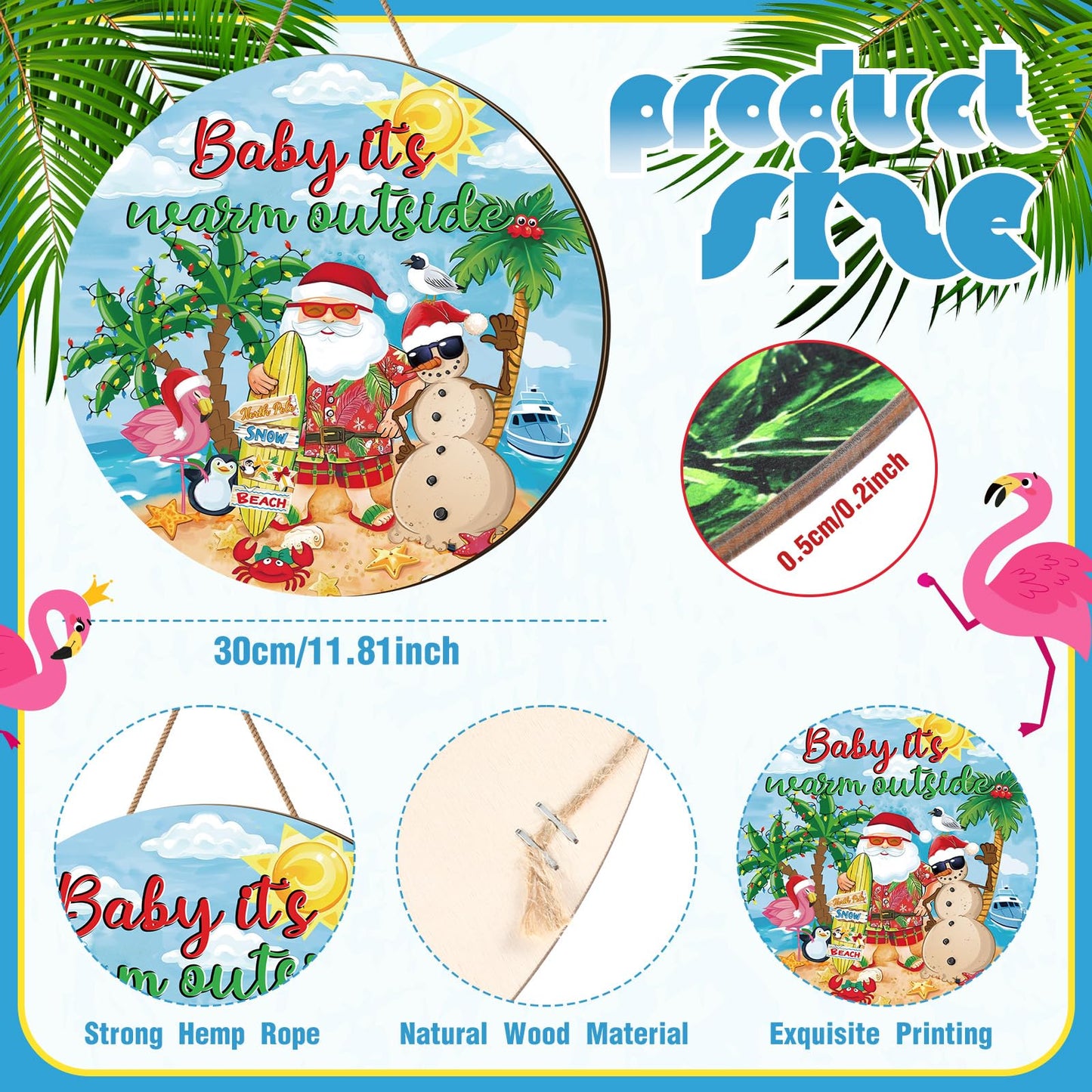 Blosssound 3 Pcs July in Christmas Decorations Summer Front Door Sign with Flaming Santa Beach Snowman Hawaiian Wooden Hanger Door Sign for Farmhouse Home Summer Xmas Decor Supplies
