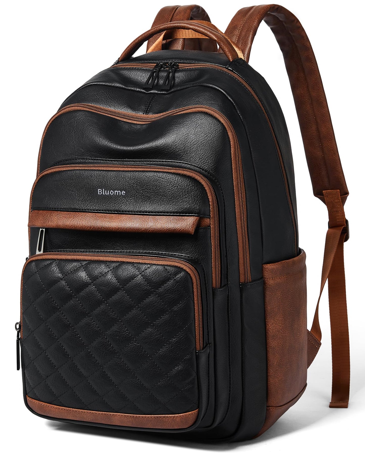 Bluome 43L Work Backpack for Women Men, Laptop Vegan Leather Backpack Purse with 15.6–17 Inch Laptop, Multi-Pocket Bookbag for Office Travel Gym Weekend Overnight Bag, Black&Brown
