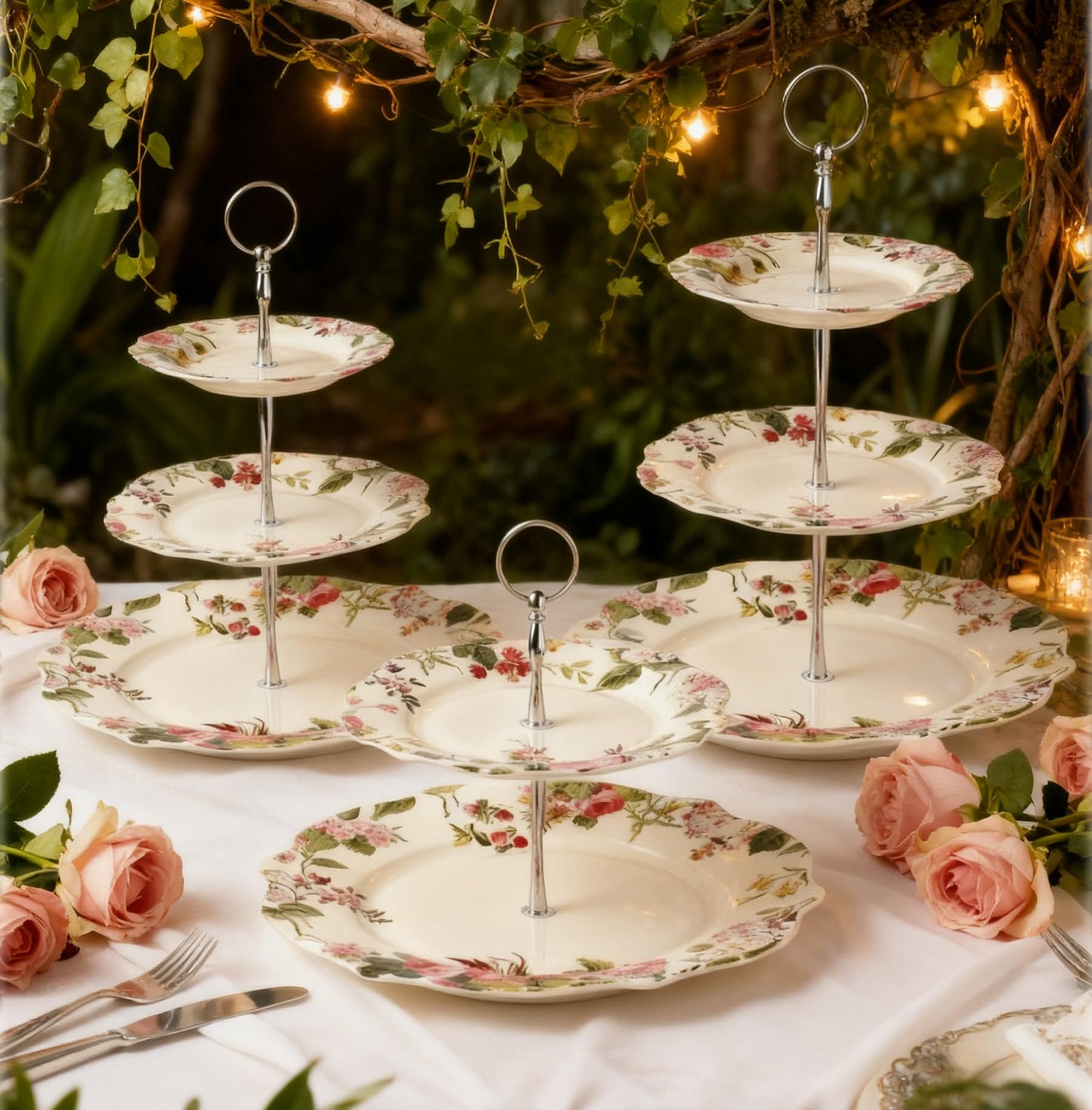 3-Tier 13.5 Inches Big Round White Porcelain Cakes Fruit Stand Plates, Cupcakes Serving Display Set, Ceramic Pastry Dessert Appetizer Candy Buffet Tray Towers Platter for Wedding Home Party - Flowers