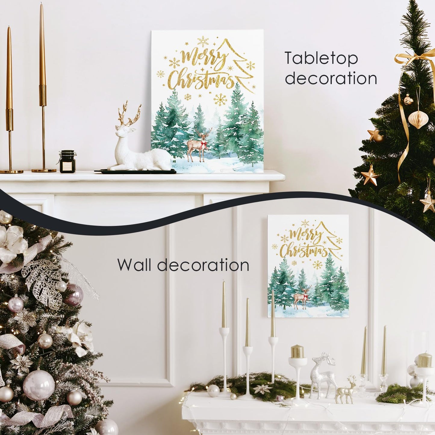 Christmas Wall Decor, Merry Christmas Woodland Reindeer Wall Art Poster, Christmas Tree Pictures Wall Decor for Living Room Bedroom, Christmas Wall Decorations, 11x14 Inch Framed