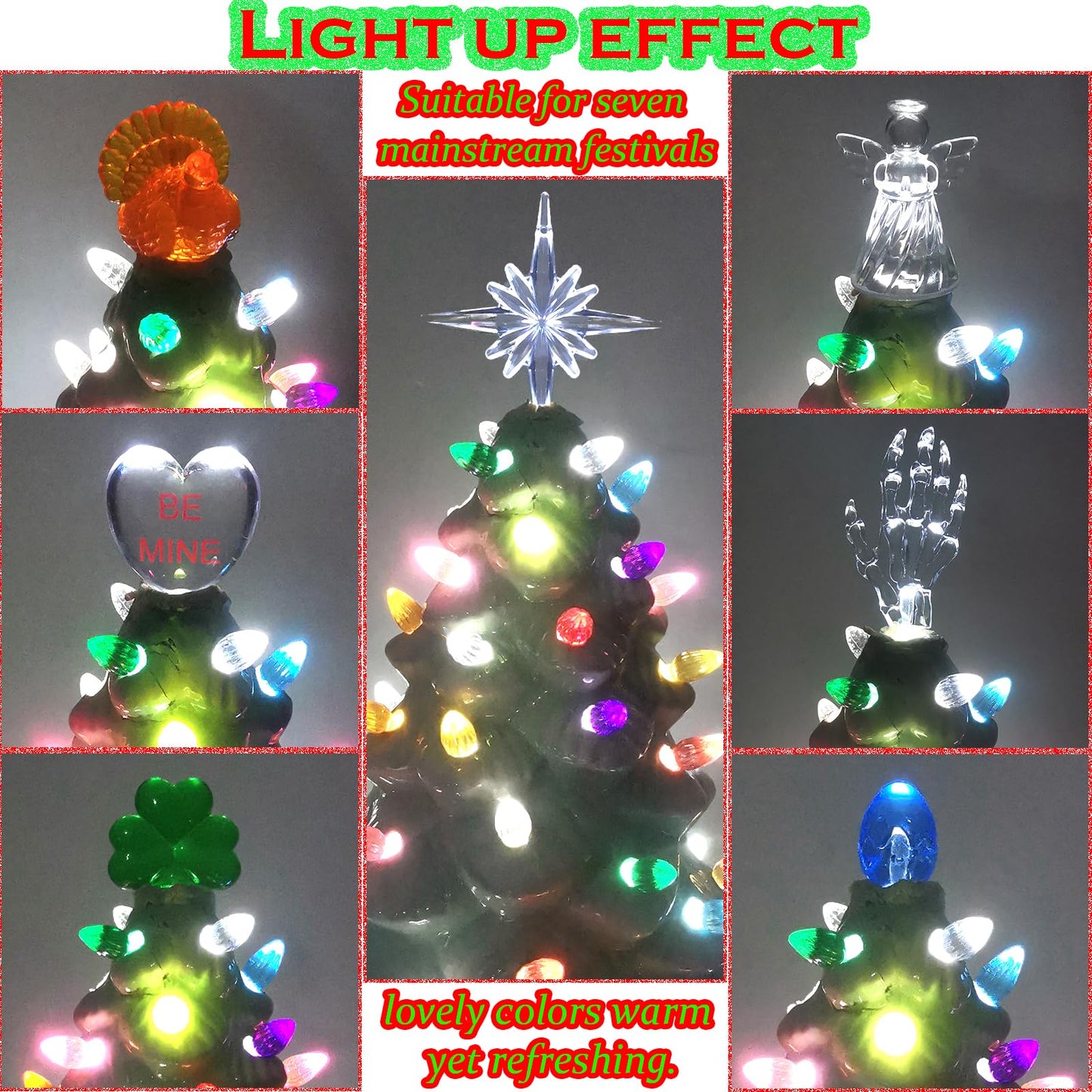 110Pcs in 10 Colors Ceramic Christmas Tree Replacement Lights - Plastic Bulbs Pegs, Included Angel Topper/Heart Top/Cross Stars/Egg/Turkey/Skeleton Hand/Clover.
