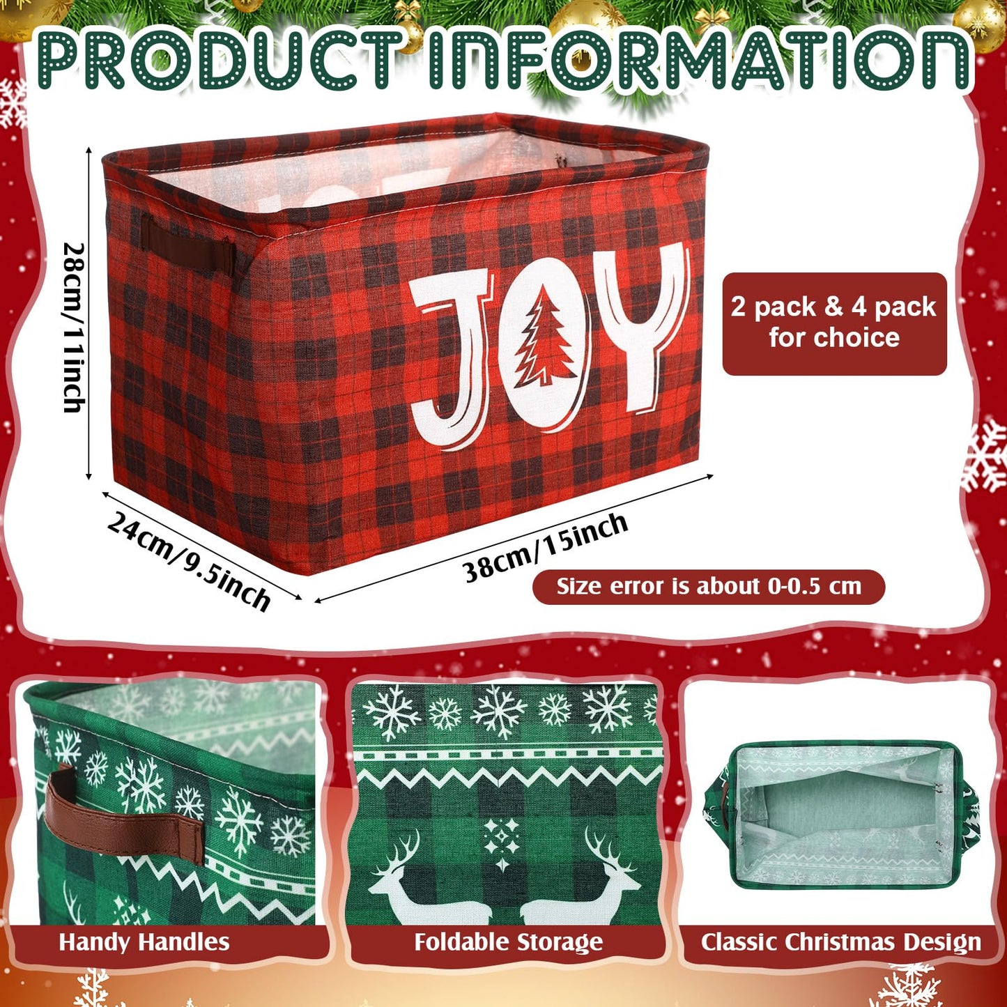 Capoda 2 Pack Christmas Storage Bin Large Collapsible Christmas Storage Baskets with Handles Canvas Green Red Plaid Organizer for Xmas Holiday Office Home Clothes Gifts Book Organization (Plaid)