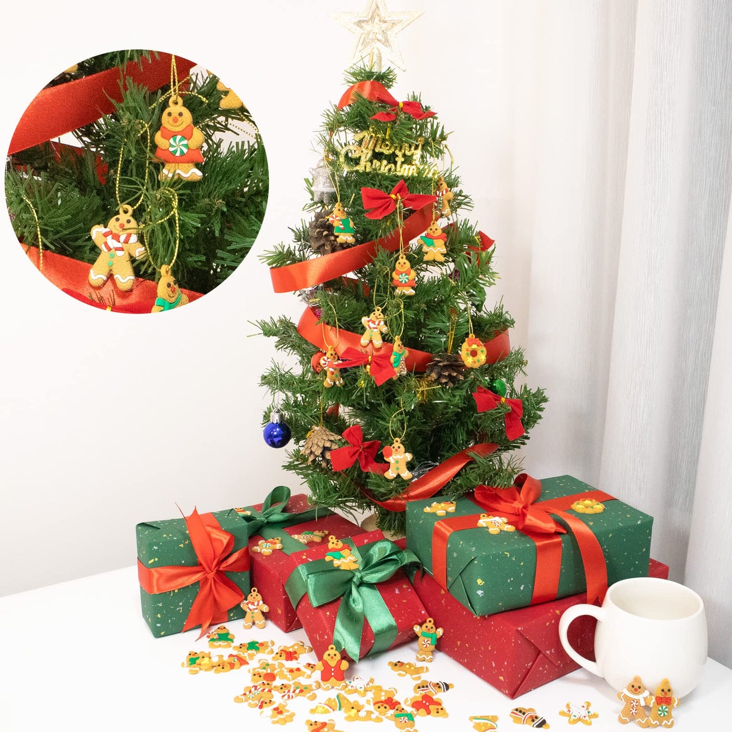 44 Pcs Mini Christmas Gingerbread Ornaments Tiny Gingerbread Man Ornaments Hanging Charms Figurine Decoration Ginger Man with Strings for Mini Christmas Tree Decorations
