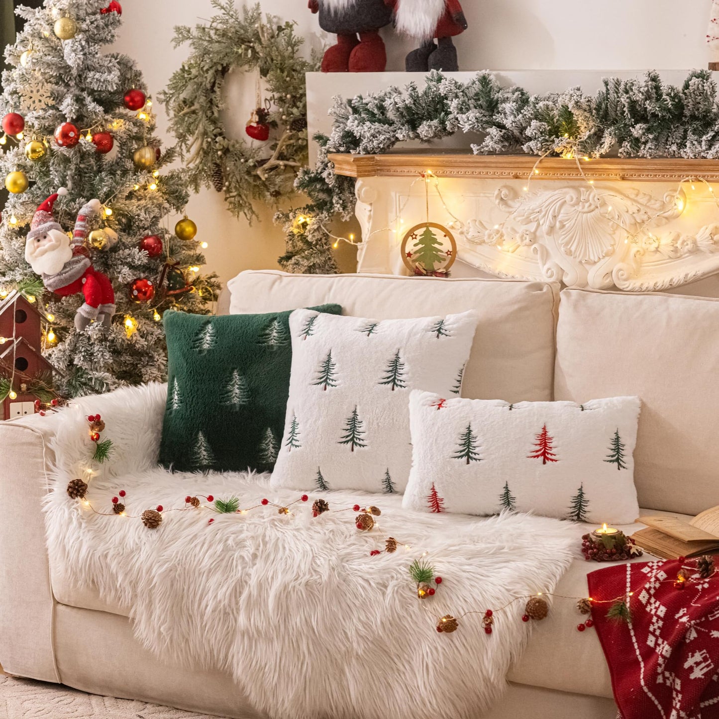 AQOTHES Christmas Tree Green Red Throw Pillow Covers 18x18, Soft Faux Fur Embroidered Throw Pillows for Couch Sofa Cushion Covers Holiday Home Decor