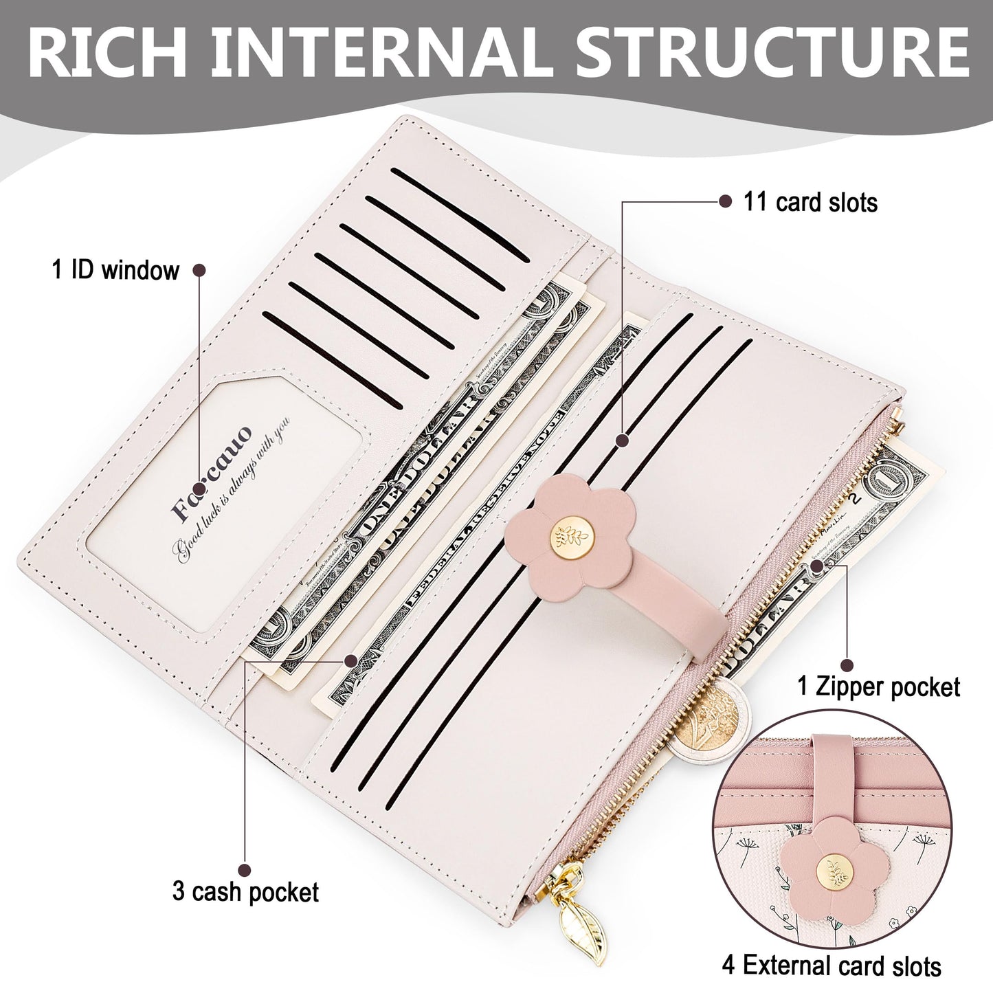Farcauo Long Floral Womens Wallet Cute Wallets for Women Pink Women's Wallet Kawaii Flower Card Wallets for Women Ladies
