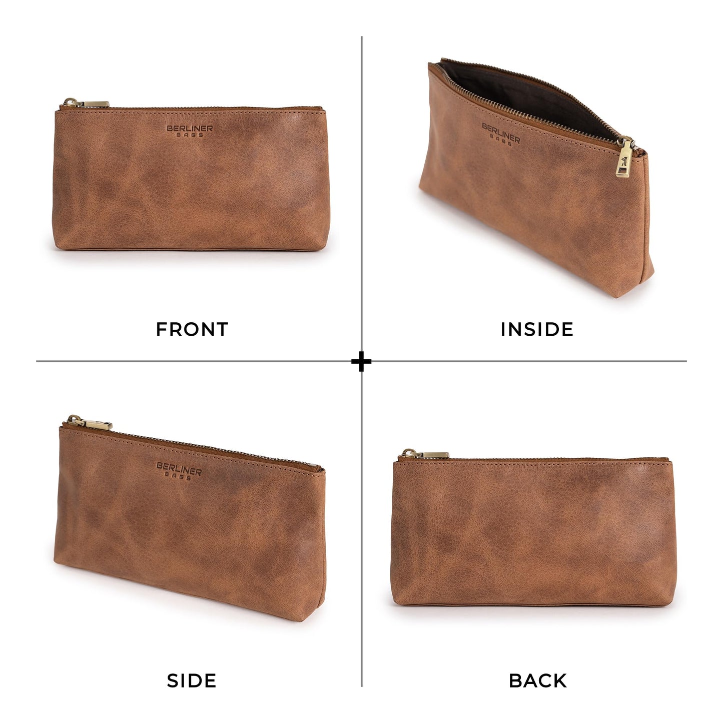 BERLINER BAGS Vintage Genuine Leather Makeup Bag Anna, Cosmetic Bag for Purse, Travel and Cosmetics Pouch with Zipper for Women- Brown