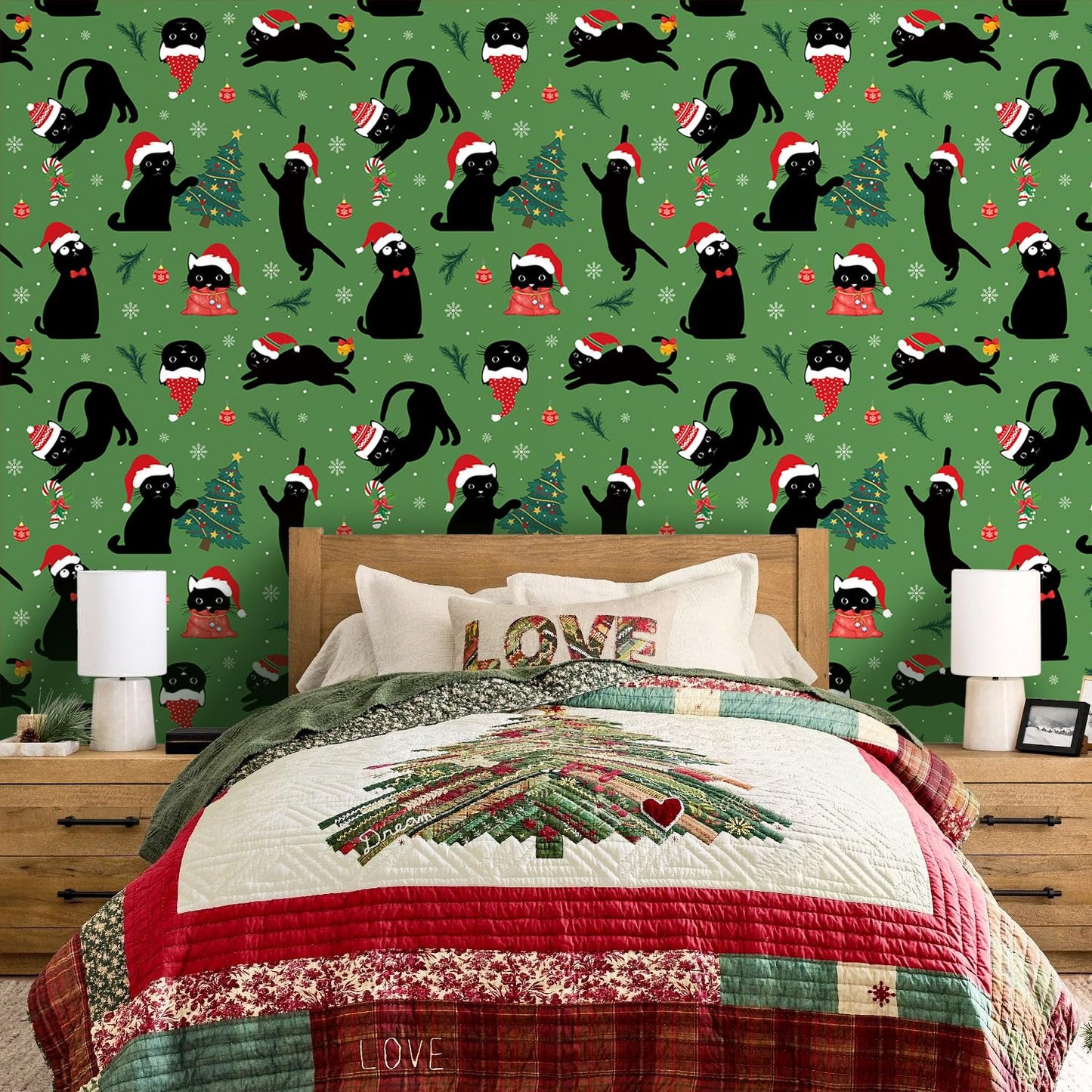 LHIUEM 17.3”X118”-Christmas Cat Wallpaper Peel and Stick Merry Christmas Tree Contact Paper for Cabinets Black Cats Santa Hats Wallpaper Candy Cane Gift Wrapping Paper for Cat Lovers Party