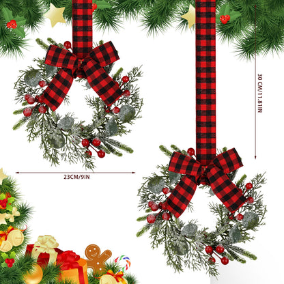 Syhood 2 Pieces 9" Mini Christmas Wreath Mini Cabinet Wreaths for Kitchen Christmas Red Berry with Red and Black Plaid Bow Farmhouse Wreath for Holiday Xmas Party Decorations(Buffalo Plaid Bow)