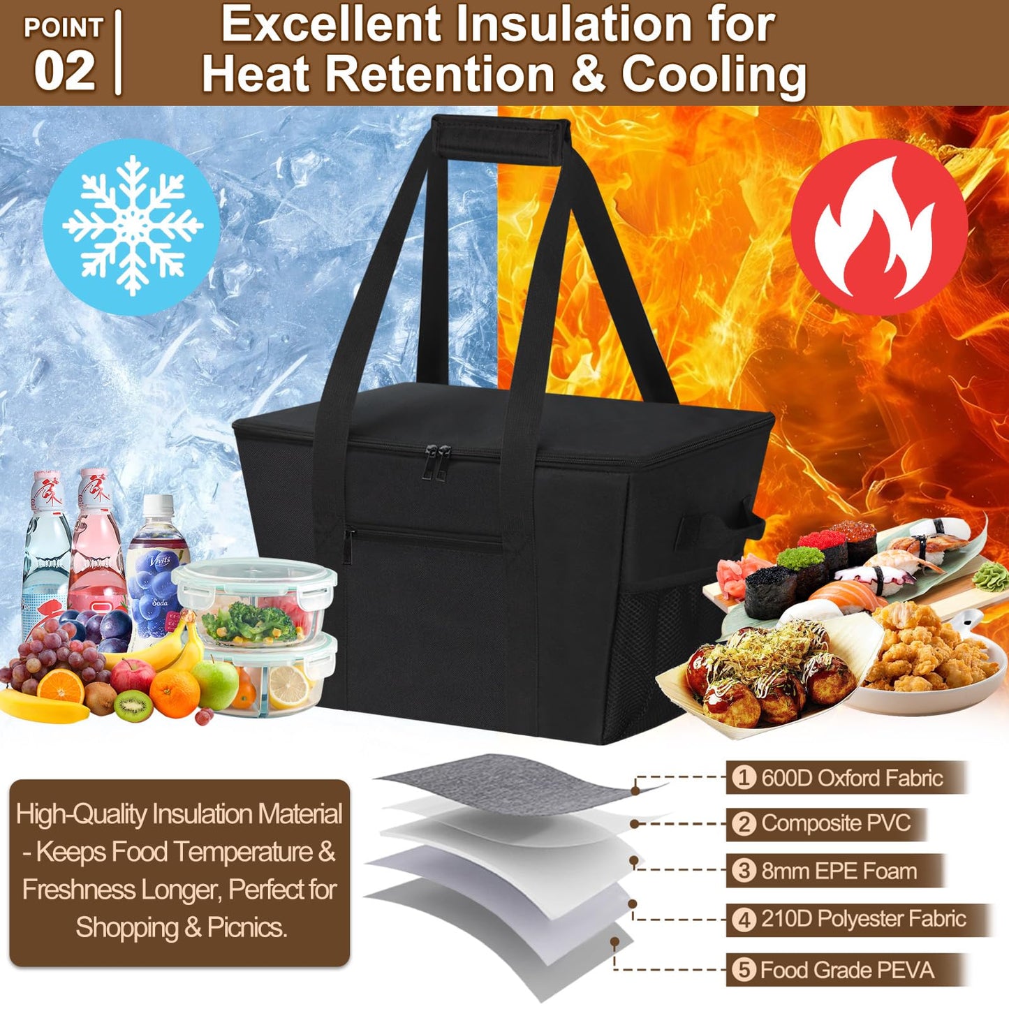 DSDCDJ Reusable Grocery Bag – Expandable Insulated Cooler Bag with Bottom Board, Collapsible Insulated Shopping Bag with Zipper & Drawstring, Heavy Duty Tote Bag for Shopping, Delivery, Picnic, Beach