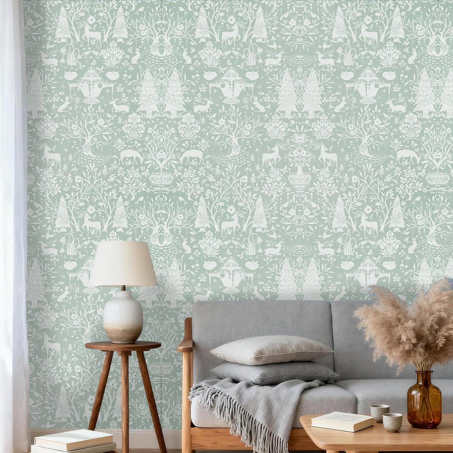WENMER Forest Animal Wallpaper, 17.7" x 590" Green and White Contact Paper, Woodland Peel and Stick Wallpaper with Deer Rabbit Fox, Self Adhesive Removable Wall Paper for Living Room Bedroom Nursery